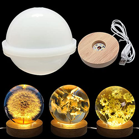 Voaesdk 4 inch Large Sphere Round Light Resin Mold,LED Silicone Resin Mold with 1Pcs USB Powered Wooden Lighted Base Stand for DIY Table Crafts Party Voaesdk