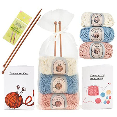 Knitting Kits for Beginners Adults – 6 Pcs Knitting Needle Set with 100% Cotton Yarn – Make Your Own Dishcloth Craft Kits for Adults – Includes Thoughtful Stitch
