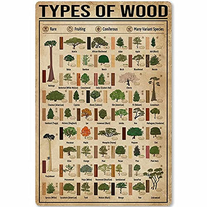 JIUFOTK Carpenter Poster Metal Tin Sign Types of Wood Knowledge Infographics School Home Kitchen Club Education Posters for Walls 12x17 Inches - WoodArtSupply