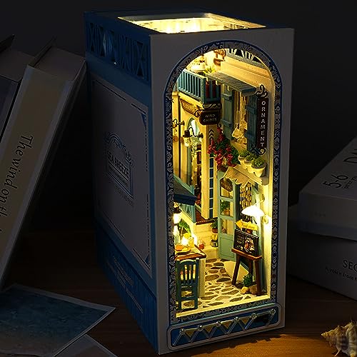 3D Wooden Book Stand Puzzle,DIY Book Nook Kits,Dollhouse Wood Bookends Book Nook Model Building Kit with LED to Build-Creativity Gift for