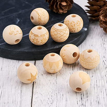 Craftdady 100pcs Unfinished Natural Wooden Beads 16mm Large Hole Rondelle Round Wooden Loose Beads with Engraved Christmas Pattern for DIY Jewelry - WoodArtSupply