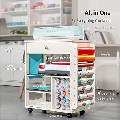 Crafit Organization and Storage Cart Compatible with Cricut Machine, Rolling Craft Organizer with Vinyl Roll Holder, Crafting Cabinet Table - WoodArtSupply