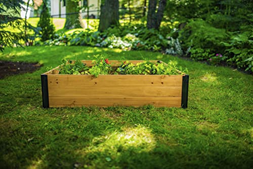 Vita Mezza 4 Foot x 4 Foot x 11 inch Cedar Wood Modular Garden Bed with Black Aluminum Posts, FSC, Woodgrain, Golden Brown, Pre-Stained, VT17703