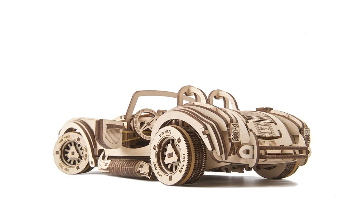 UGEARS Vintage Car Model Kit - Drift Cobra Racing Car 3D Puzzle Kit Idea - Wooden 3D Puzzles Model Kits for Adults with Powerful Spring Motor - Model UGEARS