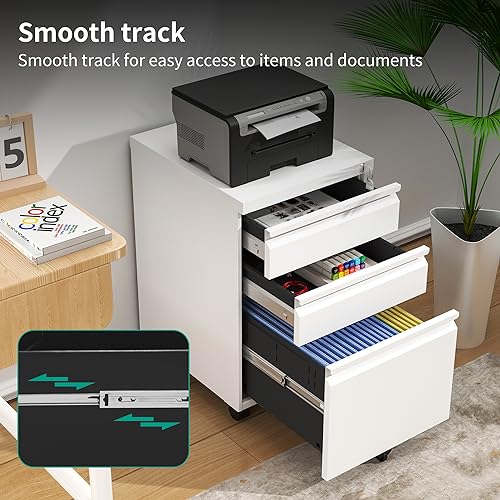 VIYET 3 Drawers Mobile File Cabinet, Rolling File Cabinet Fully Assembled Under Desk, Metal Filing Cabinet with Lock for Home Office Organizer VIYET