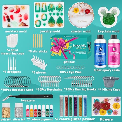 Teexpert Epoxy Resin Kit with Jewelry Keychain Coaster Earring Silicone Molds Resin Jewelry Making Kit Resin Kit with Molds Complete Set for Beginner - WoodArtSupply