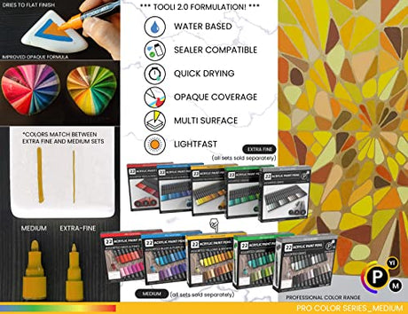 TOOLI-ART 22 Acrylic Paint Markers Paint Pens Pro Color Series Set 3mm Medium Tip for Rock Painting, Glass, Mugs, Wood, Metal, Glass Paint, Canvas, TOOLI-ART