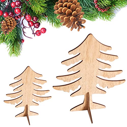 Amosfun 6pcs Wooden Christmas Tree Crafts 3D Unfinished Natural Wood Cutouts Sculpture Tabletop Xmas Tree Ornament for Cabinet Bookshelf Party Decor Amosfun