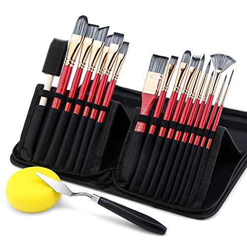 Transon Art Paint Brush Kit 16 Paint Brushes with Foam Brush Sponge Spatula and Brush Case for Oil, Acrylic, Watercolor, Gouache, Painting Pink Color TRANSON