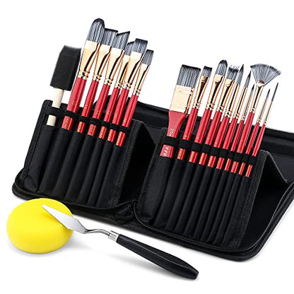 Transon Art Paint Brush Kit 16 Paint Brushes with Foam Brush Sponge Spatula and Brush Case for Oil, Acrylic, Watercolor, Gouache, Painting Pink Color - WoodArtSupply