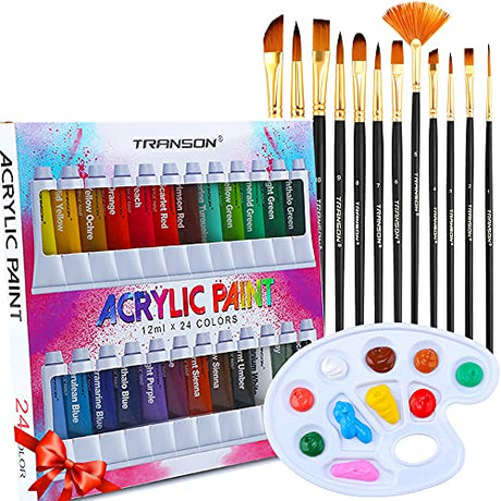 TRANSON Acrylic Paint Set 24-color with 12 Paint Brushes and Palette Non-toxic for Canvas Craft Rock Art Painting TRANSON