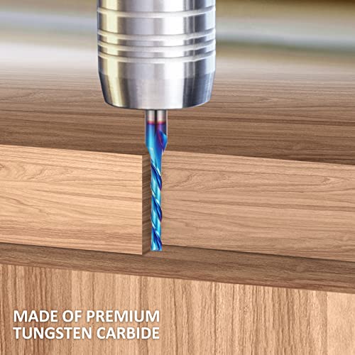 HQMaster 5 Pcs Spiral CNC Router Bits Set Down Cut 1/4” Shank Solid Carbide Spiral Downcut CNC Bits with Nano Blue Coating End Mill for Wood Cut HQMaster