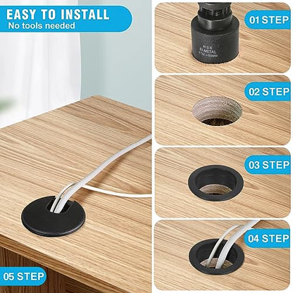 2" Black Desk Grommet with Bi-Metal Hole Saw, JTemgle Plastic Cable Hole Cover Computer Table Cord Wire Organizer Caps, Desktop Cord Management for - WoodArtSupply