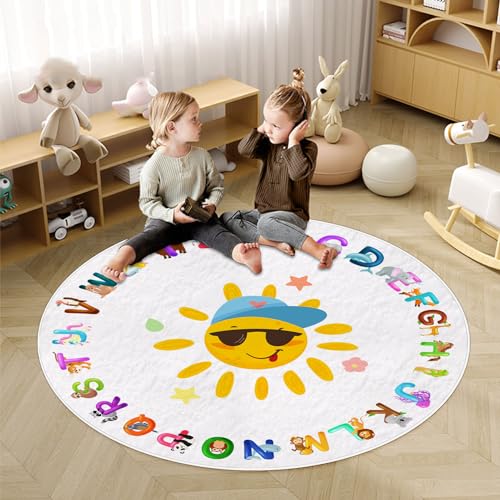 Round ABC Alphabet, Animals Educational Rug, Kids Area Rug, Washable Nursery Rug for Kids Bedroom, Non-Slip Play Mat Ultra Soft Non-Slip Carpet Fubullish