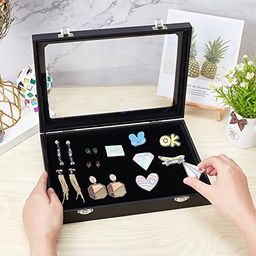 NBEADS Black Velvet Pin Display Case, 11x7.8x1.9 Inch Wall Hanging Brooch Jewelry Storage Case Wooden Presentation Boxes with Glass Window and - WoodArtSupply