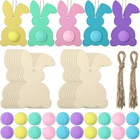 Yalikop 20 Pieces Easter Unfinished Wood Bunny Cutouts with 20 Colorful Felt Balls, Hanging Rabbit Cutouts Rabbit Craft Tags Wooden Pendant Yalikop