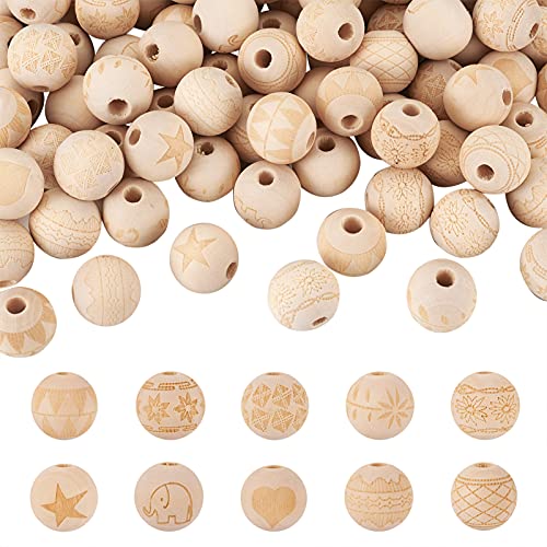 Craftdady 100pcs Unfinished Natural Wooden Beads 16mm Large Hole Rondelle Round Wooden Loose Beads with Engraved Christmas Pattern for DIY Jewelry Craftdady