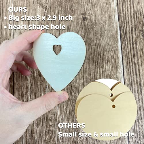 MUXGOA 60 Pcs 3" Wooden Hearts for Crafts,Natural Heart Wood Love Heart Shape Slices with 60 Pcs Natural Twine for Party Valentine's Day, Wedding, - WoodArtSupply