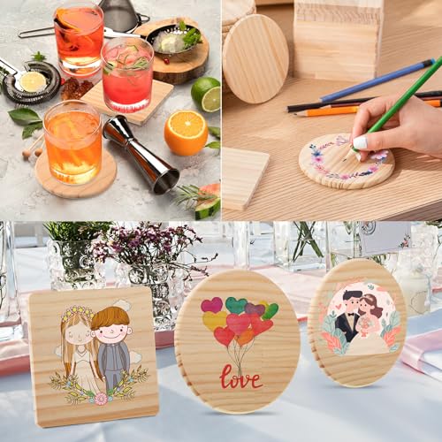 Hushee 96 Pcs Unfinished Wood Coasters 4 Inch Blank Wooden Coasters for Crafts with Non Slip Foam Pad Stickers Wooden Craft Coasters for DIY Stained - WoodArtSupply