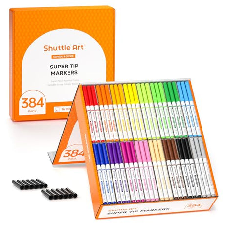 Shuttle Art 384 Pack Washable Super Tips Markers, 16 Assorted Colors Conical Tip Large Markers Bulk with a Box, Bonus Caps, Home Classroom School Shuttle Art