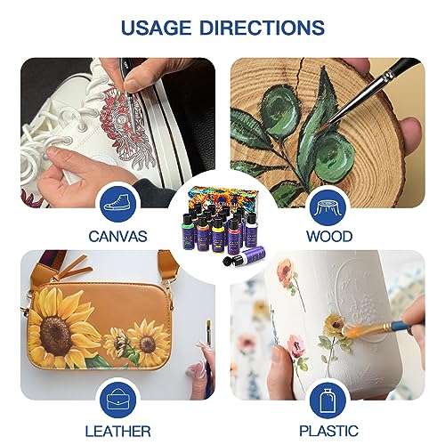 12 Colors Acrylic Leather Paint Kit for Shoes, Sneaker, Couches, Bags, Car Seat, Acrylic Leather Dye Set with Leather Preparer, Acrylic Finisher for Fuumuui