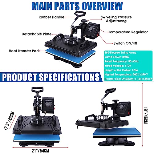 Heat Press Machine for Tshirts, 8 in 1 Heat Transfer Machine, 12" X 15" Digital Industrial Sublimation Heat Printing Combo with 360 Degree Rotation - WoodArtSupply