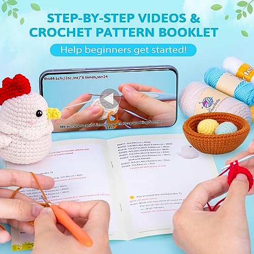 Crochetta Crochet Kit for Beginners, Crochet Starter Kit with Step-by-Step Video Tutorials, Crochet DIY Knitting Supplies for Adults Kids, Cute Hen Crochetta
