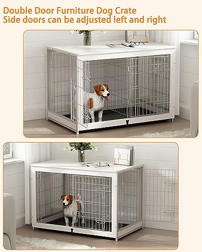 Piskyet Wooden Dog Crate Furniture with Divider Panel, Dog Crate End Table with Fixable Slide Tray, Double Doors Dog Kennel Indoor for Large Piskyet