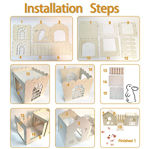 Large Rabbit Wooden Castle Hideout, Multi-Chamber Small Animal Wooden House Cage, Bunny Playhouse Habitat Decor Tunnel for Dwarf Rabbit Guinea Pig Teabelle