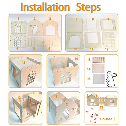 Large Rabbit Wooden Castle Hideout, Multi-Chamber Small Animal Wooden House Cage, Bunny Playhouse Habitat Decor Tunnel for Dwarf Rabbit Guinea Pig - WoodArtSupply