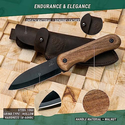 BeaverCraft Bushcraft Knife Full Tang Survival Knife with Leather Sheath Campcraft Carbon Steel Knife, Small Bushcraft EDC Fixed Blade Knife, Bush - WoodArtSupply