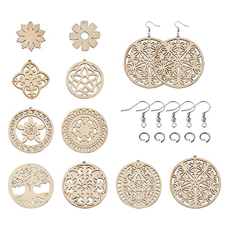 FASHEWELRY 80pcs Unfinished Filigree Flower Tree of Life Wooden Dangle Earring Pendants Natural Hollow Blank Wood Cutouts with 80pcs Jump Rings, FASHEWELRY