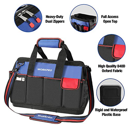 WORKPRO Tool Bag, 18 Inch Tool Bag with Waterproof Molded Base, Open Top Tool Organizer Bag with 20 Pockets, Adjustable Shoulder Strap
