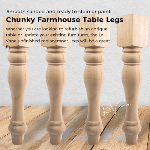 La Vane 29x3.5x3.5inch Chunky Farmhouse Table Legs, Set of 4 Unfinished Rubber Wood Replacement Table Legs for Bench Coffee Table Dining Table La Vane