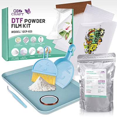 GO2CRAFT DTF Transfer Flim Powder Kit, 20Pcs DTF Film for DTF Sublimation Printer,17.6oz/500g White Digital Hot Melt Adhesive DTF Powder,Washable &