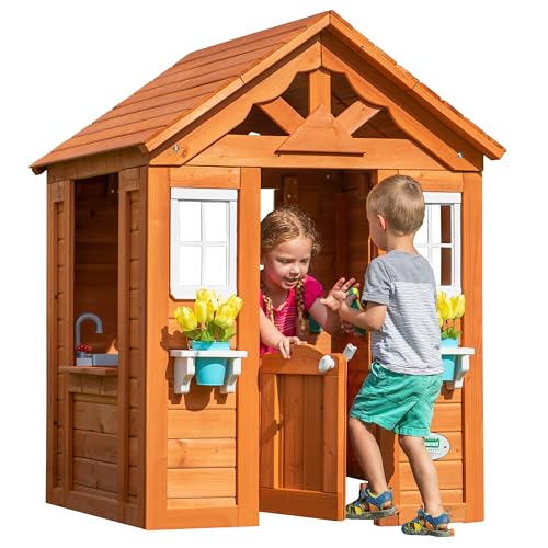 Backyard Discovery Timberlake All Cedar Wooden Playhouse, Country Cottage, Sink, Stove, White Trimmed Windows, Kitchen with Sink and Stove, Flowerpot - WoodArtSupply