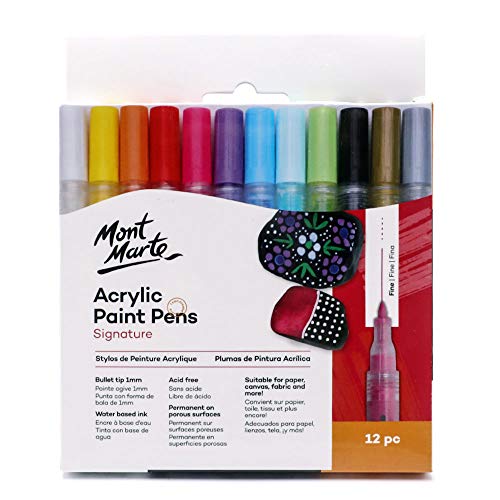 MONT MARTE Signature Acrylic Paint Pens, 12 Piece, Waterproof, Suitable for Most Surfaces Including Canvas, Card, Rocks, Fine Bullet Tip (1mm) MONT MARTE