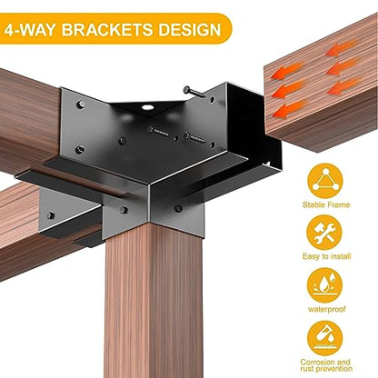 TROPTOLKY 4x4 Pergola Brackets Kit, 4-Way Powder-Coated Woodworks Corner Brackets, 2 Bracket Shoulders & 2 Wood Post Base, 4PCS Woodwork Pergola Kit - WoodArtSupply