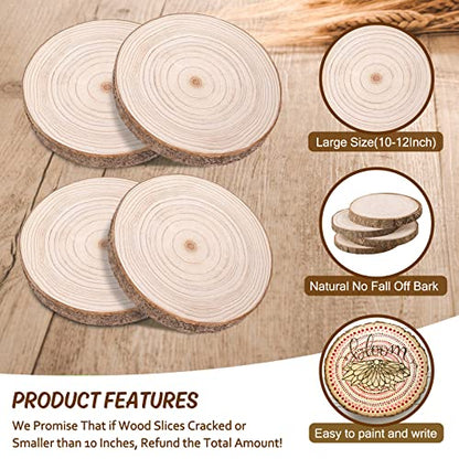 Wood Rounds 4 Pcs 10"-12 Inch Large Wood Slices for Centerpieces Unfinished Rustic Wood Slices for Wedding,Table Centerpieces,Décor,Crafts,DIY