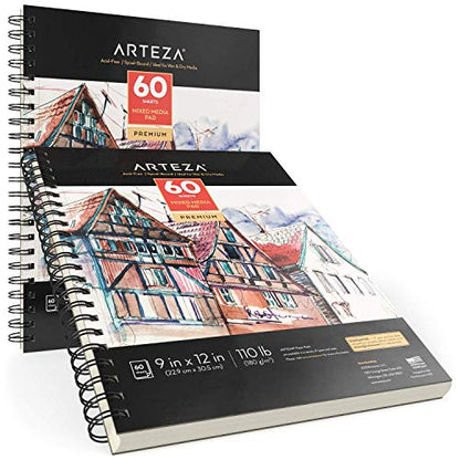 ARTEZA Mixed Media Sketchbooks, Pack of 2, 9 x 12 Inches, 60-Sheet Drawing Pads, 110lb/180gsm Acid-Free Paper, Micro-Perforated, Spiral-Bound, Art