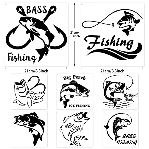 9 Pieces Fish Stencil Bass Fish Stencil Bass Fishing Stencil Template Reusable Painting Drawing Stencil and Metal Open Ring for Painting on Wood Wall Outus
