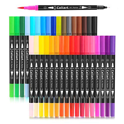 Caliart 34 Double Tip Brush Pens Art Markers, Artist Fine & Brush Pen Coloring Markers for Kids Adult Book Halloween Journaling Note Taking Lettering