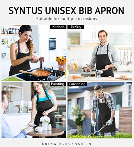 Syntus 2 Pack Adjustable Bib Apron Waterdrop Resistant with 2 Pockets Cooking Kitchen Aprons for Women Men Chef, Black Syntus