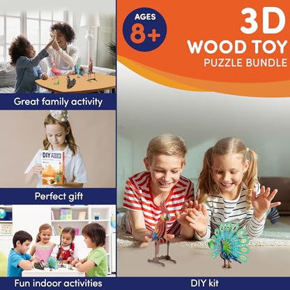 3D Wooden Puzzle – 4 Colorful Toy Birds for Kids Model Building Kits-Brain Teaser Puzzles Educational STEM Kits for Boys, Girls and Adults- DIY Wood