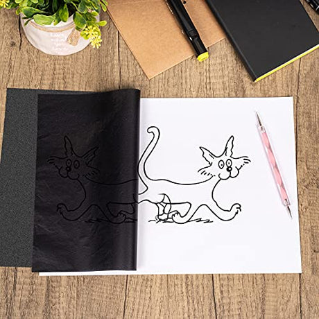 200 Sheets Carbon Paper Black Graphite Paper Transfer Tracing Paper and 5 Pieces Ball Embossing Styluses for DIY Woodworking, Paper, Canvas and Other Ueerdand