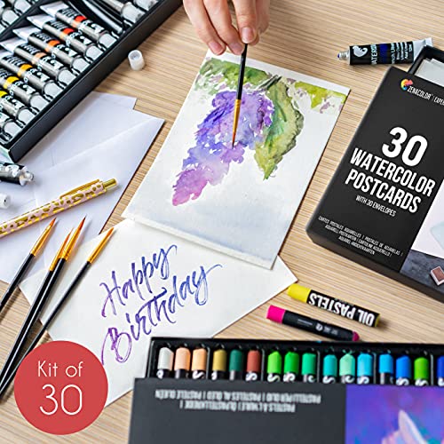 Blank Watercolor Cards with Envelopes NOT FOLDED - 30 Pack : 30 Postcards and 30 Envelopes 5x7" - Watercolor Postcards 300GSM - DIY Thank You Card, Zenacolor