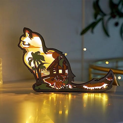 3D Wooden Animals Carving LED Night Light, Wood Carved Lamp Modern Festival Decoration Home Decor Desktop Desk Table Living Room Bedroom Office Farmhouse Shelf Statues Perfect Gifts (Doll Cat)