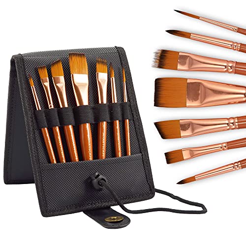 MyArtscape Travel Paint Brush Set, 7 Ultra Short-Handle Brushes with Case Holder - for Watercolor, Gouache and Acrylic - Synthetic Hair - Ideal for MyArtscape
