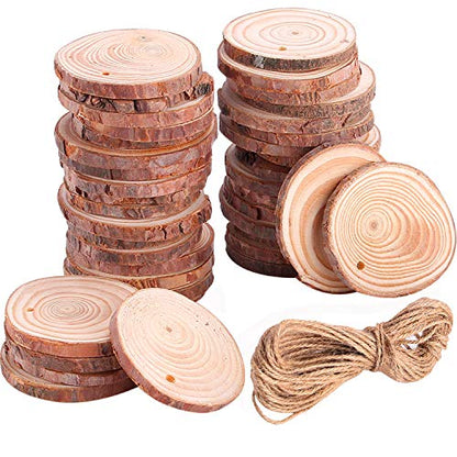 Tmflexe 30 Pcs Unfinished Predrilled with Hole Paintable Blank Natural Wood Slices2.4-2.8 Inches Christmas Festival Decoration Ornaments,DIY Crafts