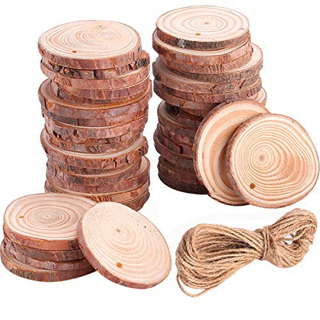 Tmflexe 30 Pcs Unfinished Predrilled with Hole Paintable Blank Natural Wood Slices2.4-2.8 Inches Christmas Festival Decoration Ornaments,DIY Crafts Tmflexe